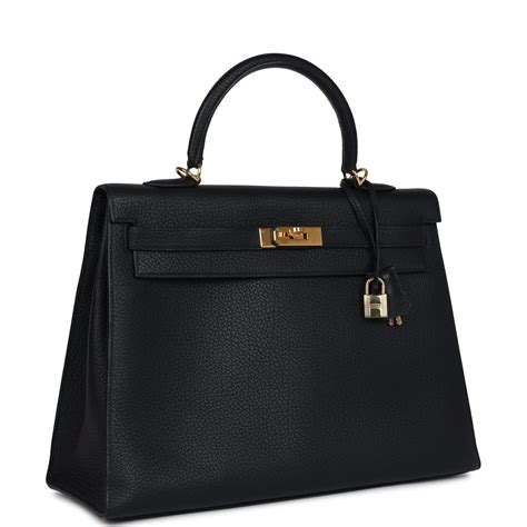 Vintage Hermes Kelly Sellier 35 Black Fjord Gold Hardware